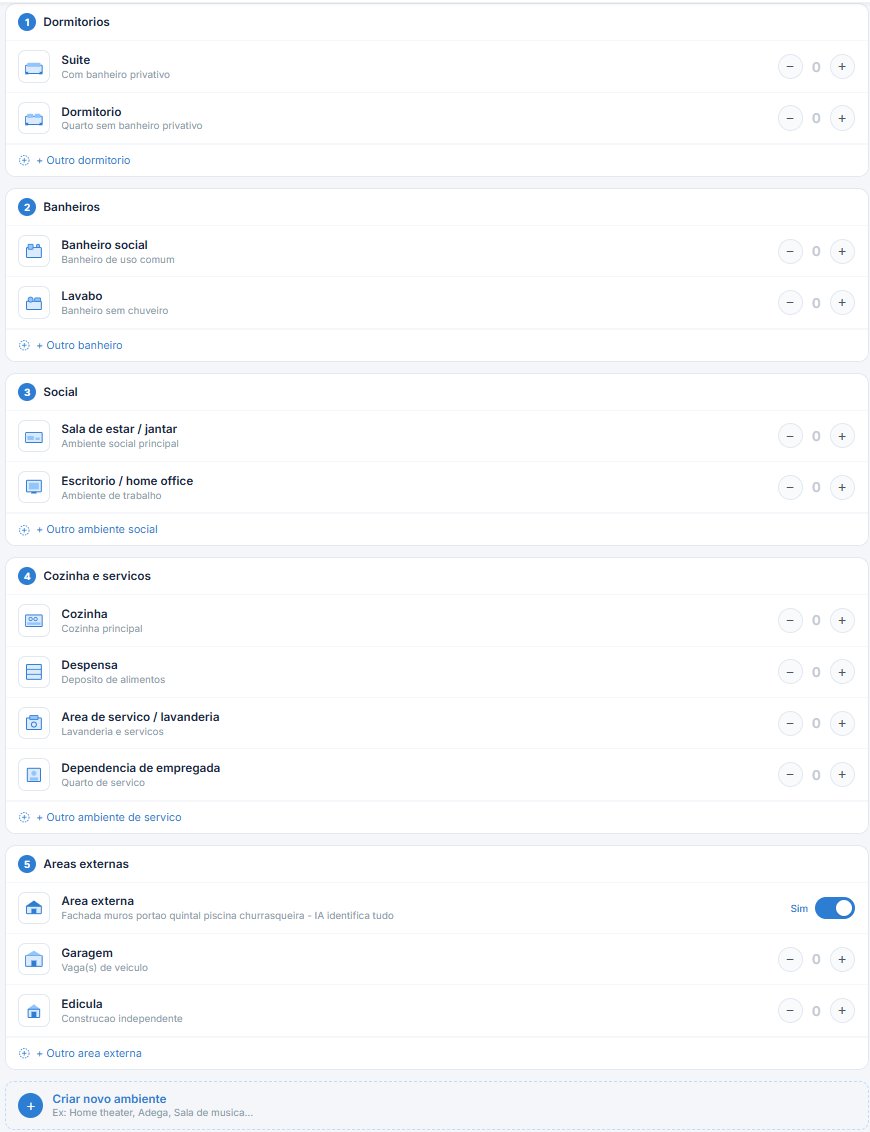 Tela de configuracao dos ambientes do imovel